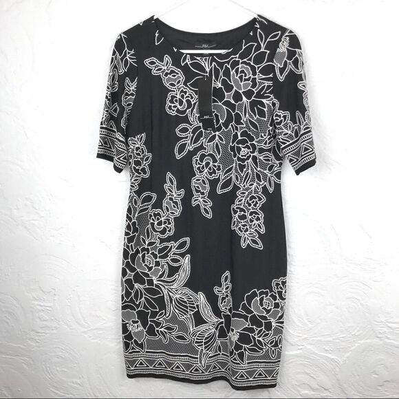 R&K Black Jersey Dress with Floral Pattern-NEW - Picture 1 of 6